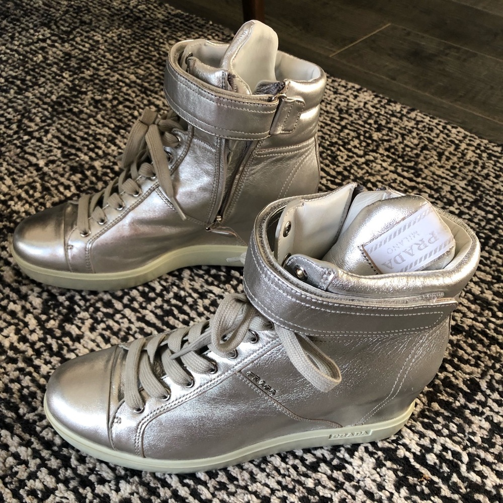 Prada silver wedge sneakers Size 40 Very Good Vintage Condition